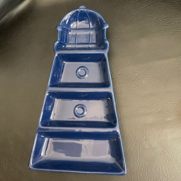 Light House Appetizer Trinket Decorator Serving Tray Navy Blue 4 Separate Areas - Picture 1 of 7